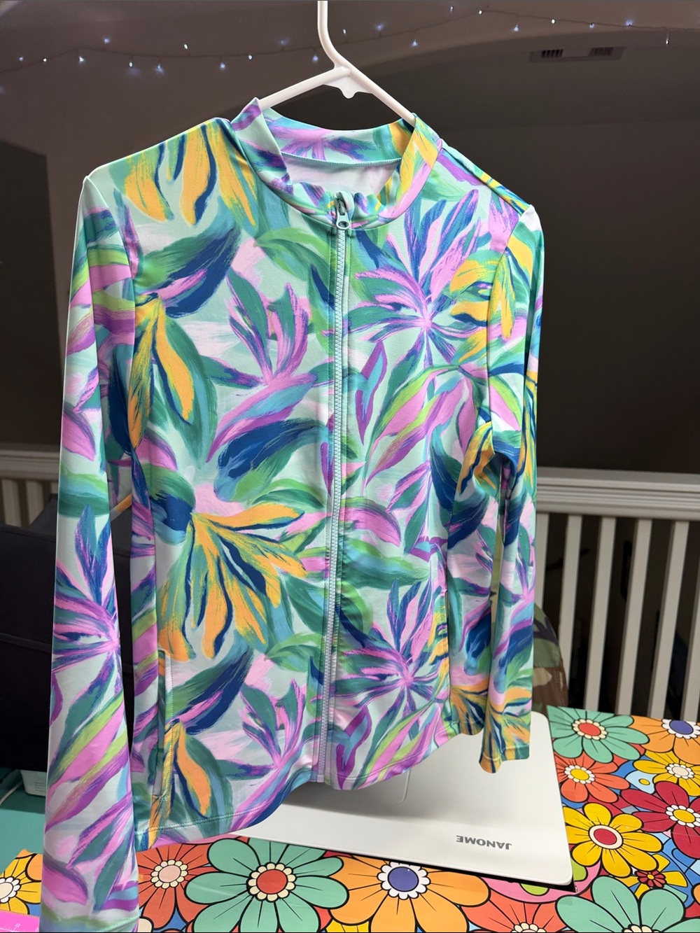 Caribbean Joe Pastel Tropical Zip-Front Rash Guard